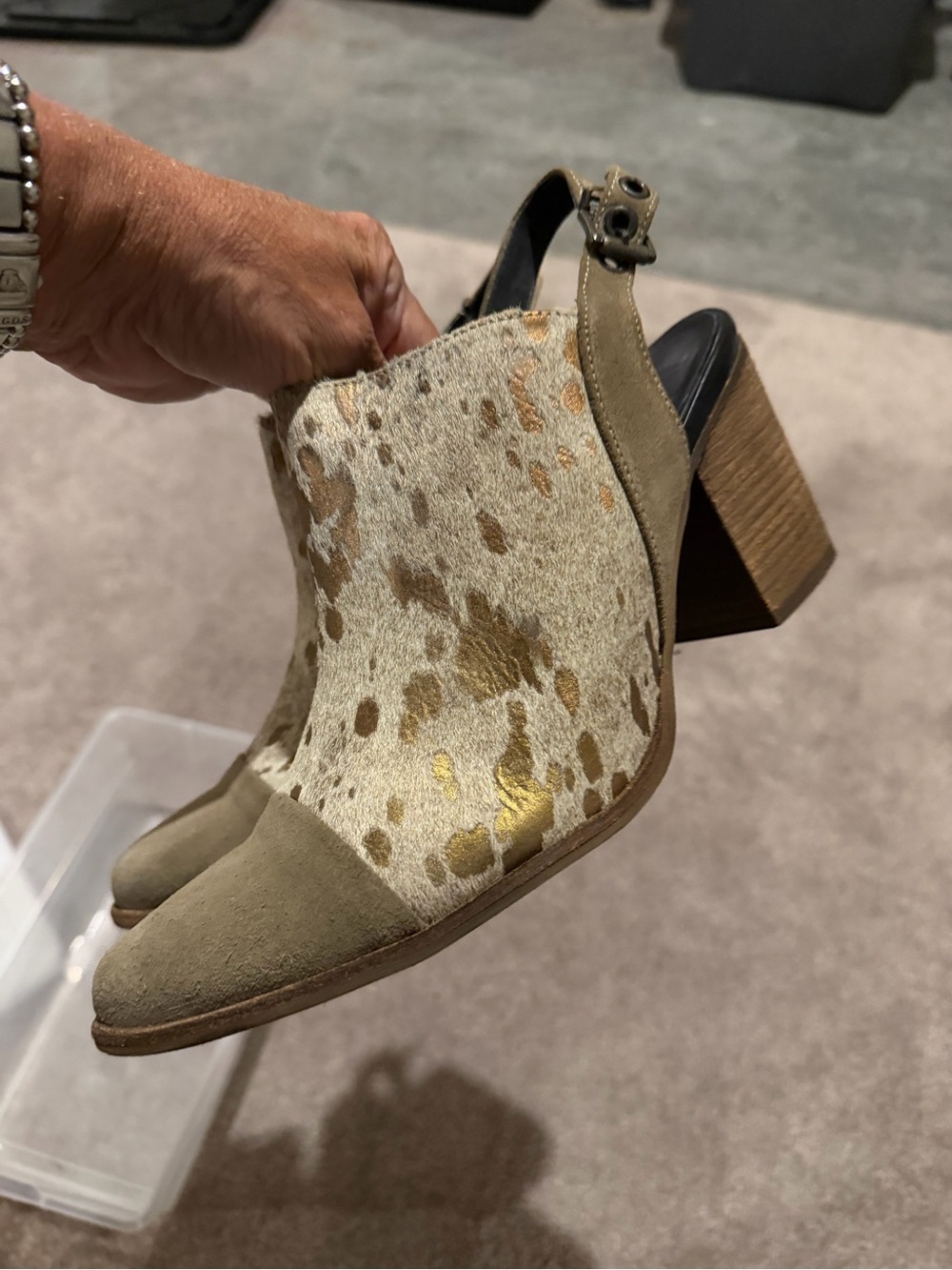 Jeffrey Campbell Taupe Suede & Gold Fleck Haircalf Slingback Mules